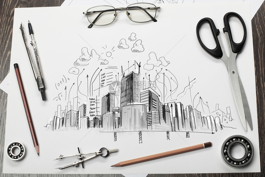 建筑工程项目草图铅笔文档眼镜桌子剪刀建筑住宅工作建筑师图片