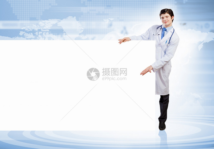 带横幅的男医生长袍全球警卫职业医疗广告牌微笑白色展示广告图片