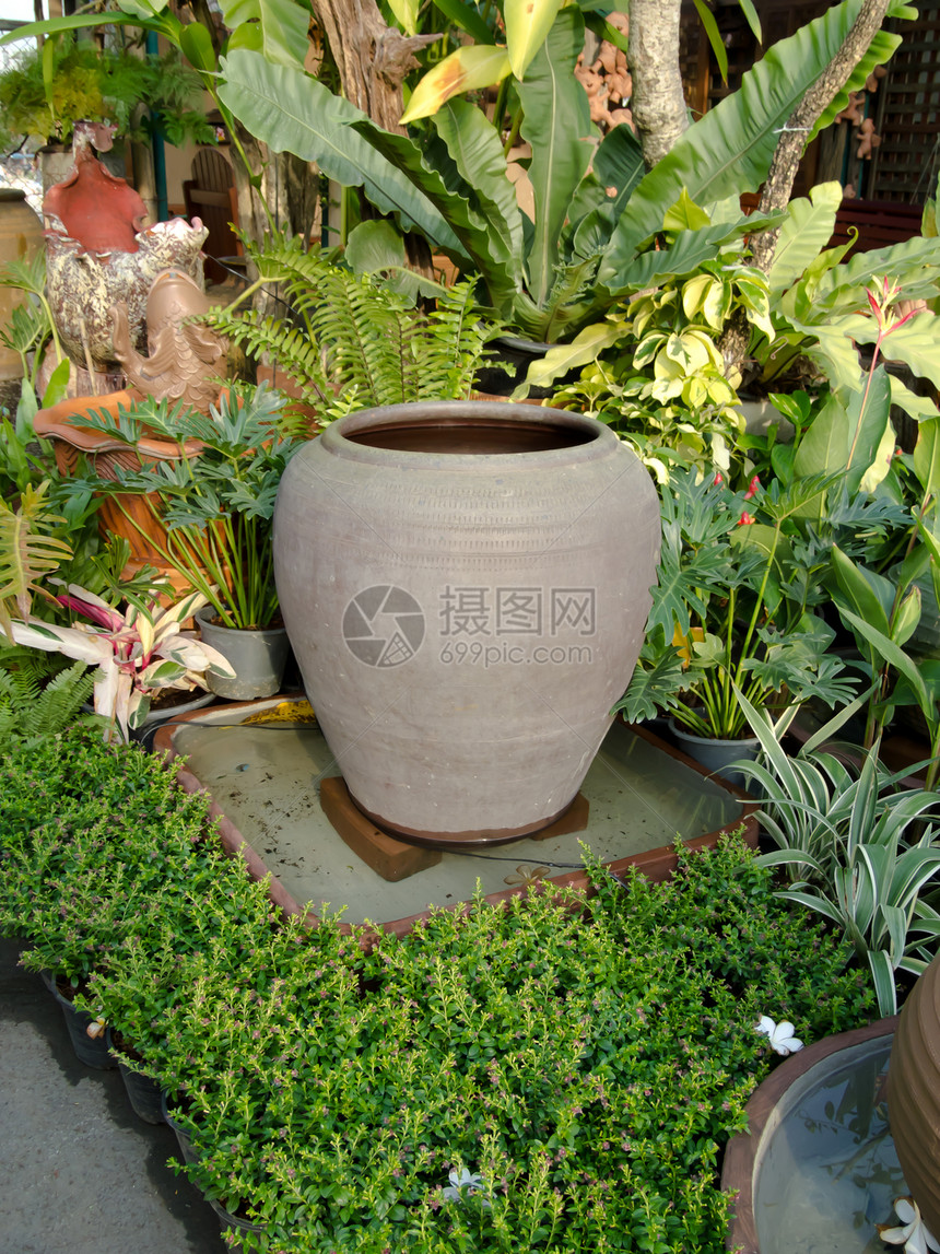 花园中的水罐旅行陶器古董植物群城市衬套植物飞溅石头岩石图片