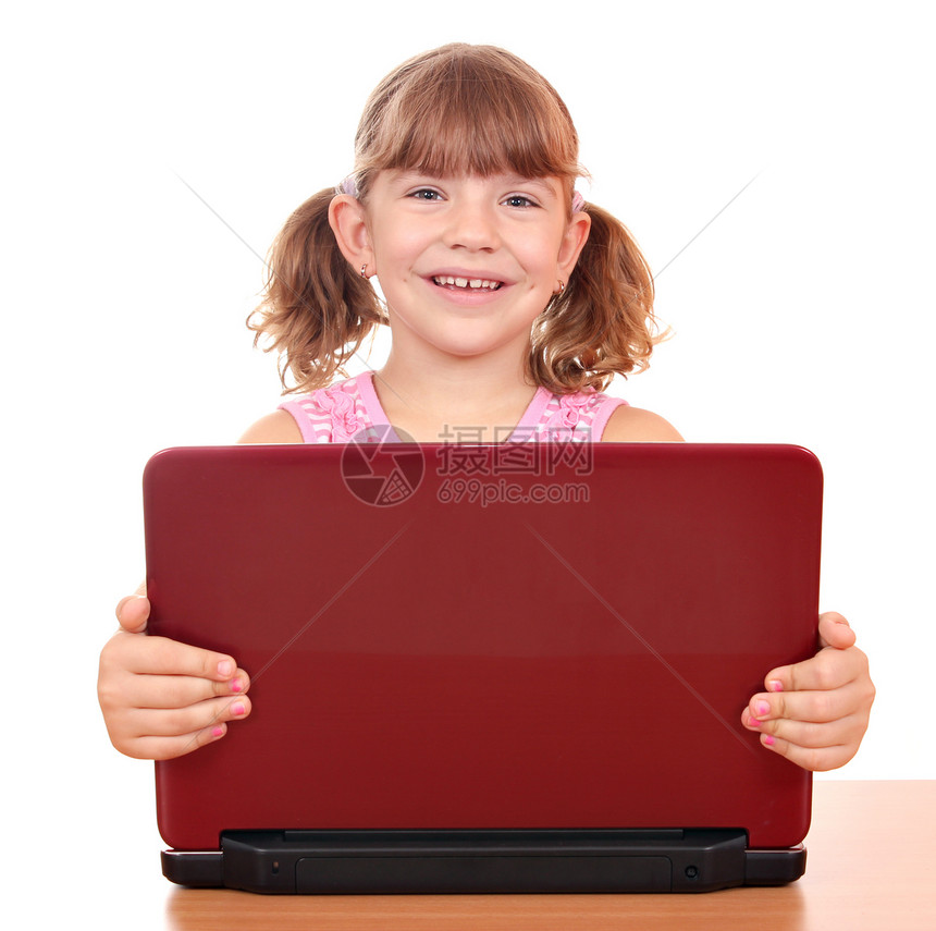 带笔记本电脑的快乐小女孩童年红色微笑白色青年喜悦学习乐趣女儿教育图片