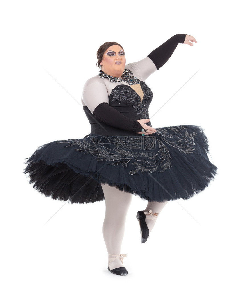 龙女皇在礼裙里跳舞平衡展示男人胖子喜剧脚尖舞蹈家姿势艺人纱布图片