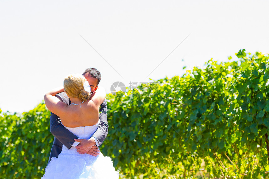 新娘和Groom 一看一看结婚日白色婚礼头发婚纱男性幸福金发女士燕尾服图片