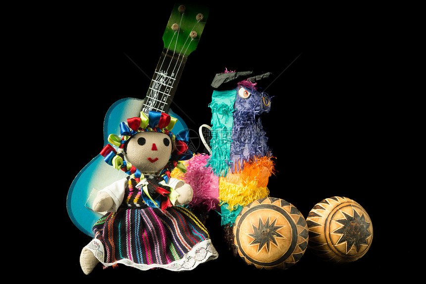 墨西哥娃娃和玩具皮纳塔黑色艺术乐趣艺术家背景吉他图片
