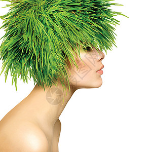 带青草新毛发的美女春女理发派对护理荒野草地头发女性生物皮肤发型背景图片