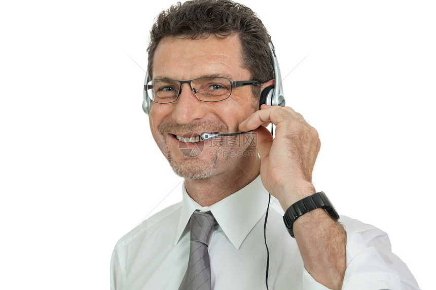 拥有耳头电话的成熟男子经手商务人士发信人技术助手商业讲话帮助代理人顾问服务台销售量工人图片