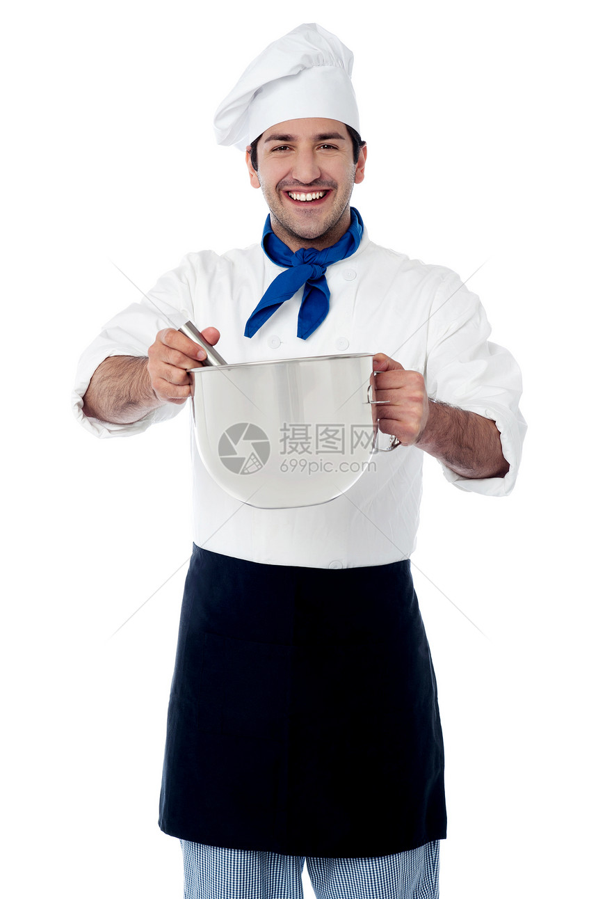年轻 充满自信微笑的男主厨专家男性快乐用具服务商冒充厨房职业工作领带图片