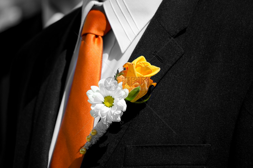 婚内穿礼服花朵黑色橙子新娘男人花束领带胸花雏菊婚姻图片