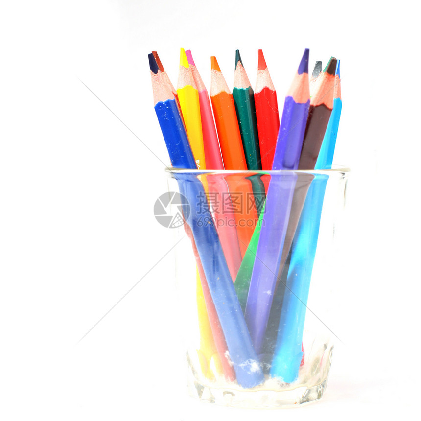 玻璃中的彩色铅笔学校蓝色创造力孩子们绘画木头艺术家大学学习工具图片