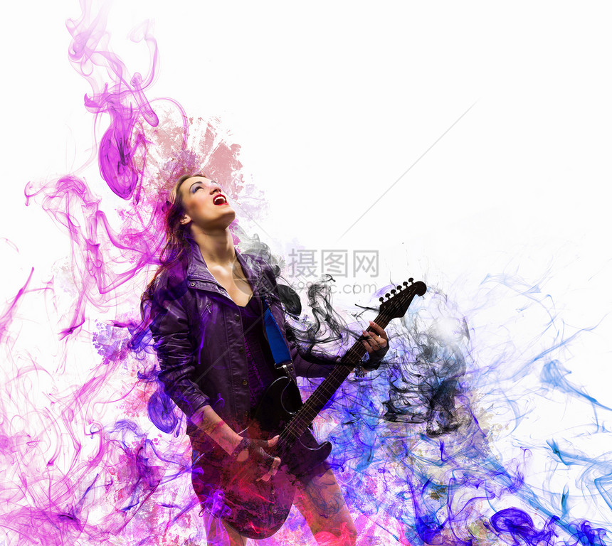 黑翅膀的摇滚激情女孩低音热情星星头发舞蹈裂缝音乐女性乐器吉他图片