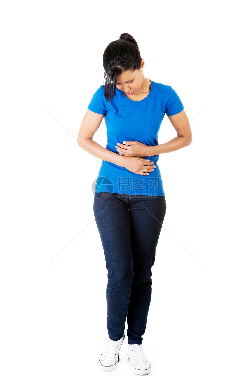 有胃病的年轻女性经期痛苦青少年药品女孩伤害医疗腹痛白色压力图片