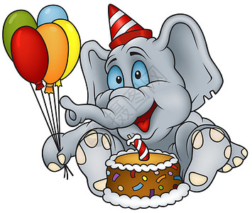 树干蛋糕坐着大象和生日蛋糕插画