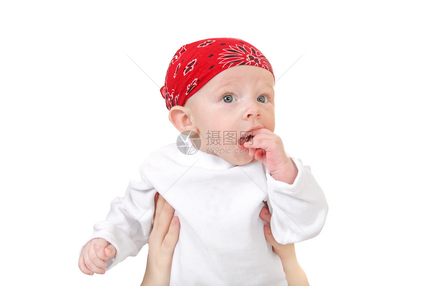 惊讶的婴儿男孩孩子惊愕男性儿子头巾金发眼睛手指童年男生图片