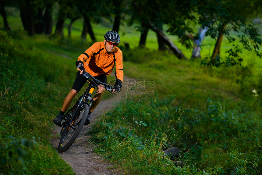 在美丽的夏月森林中骑自行车的赛车运动员骑士运动橙子娱乐活动成人速度闲暇下坡乐趣图片