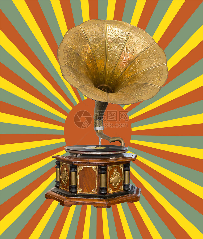 扩音和反太阳光音乐射线留声机太阳光线黄铜木纹辉光扩音器艺术品插图图片