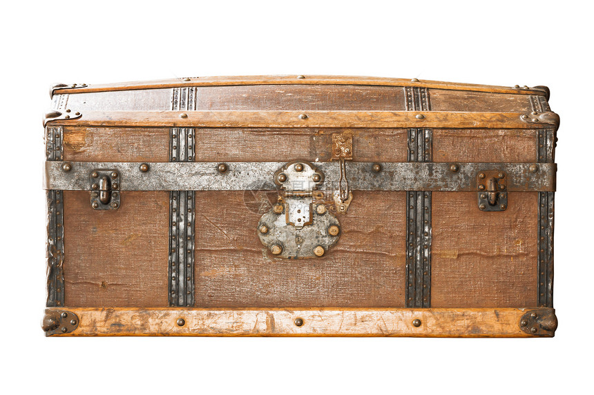 一个旧金属棺木锁紧闭贮存古董保险箱盒子钥匙胸部棕色树干手工艺术图片