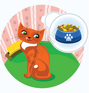 猫粮碗带食物的可爱猫插画