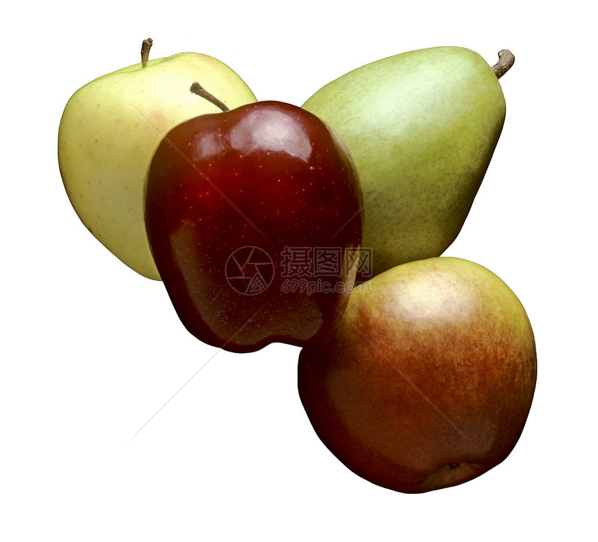 三只苹果和一只梨 漂在白色上图片