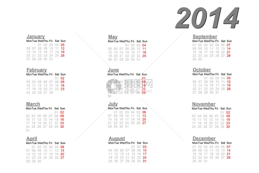2014年日历规划师时间英语日程插图数字议程日记办公室网格图片
