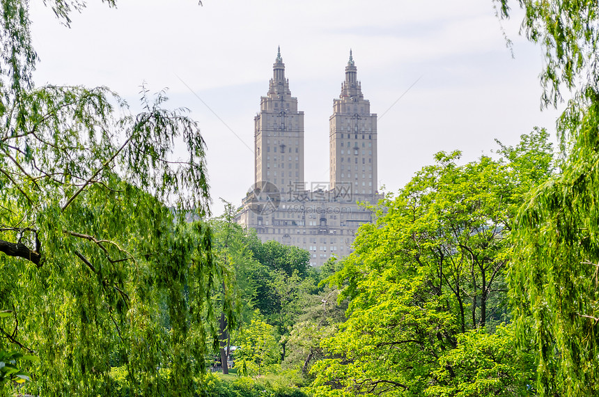 曼哈顿中央公园蓝色草地城市池塘建筑树木反射旅行天空风景图片