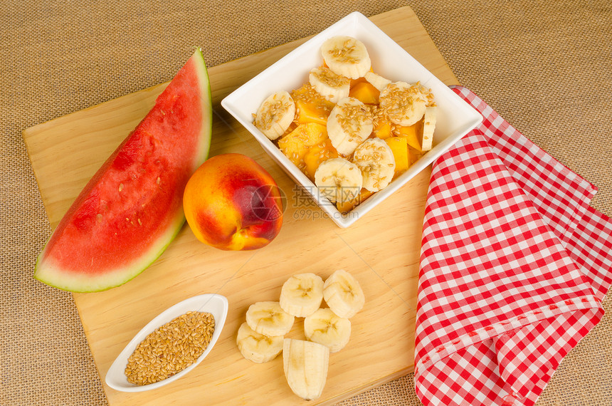 健康早餐长寿静物水平亚麻西瓜食物种子营养水果香蕉图片