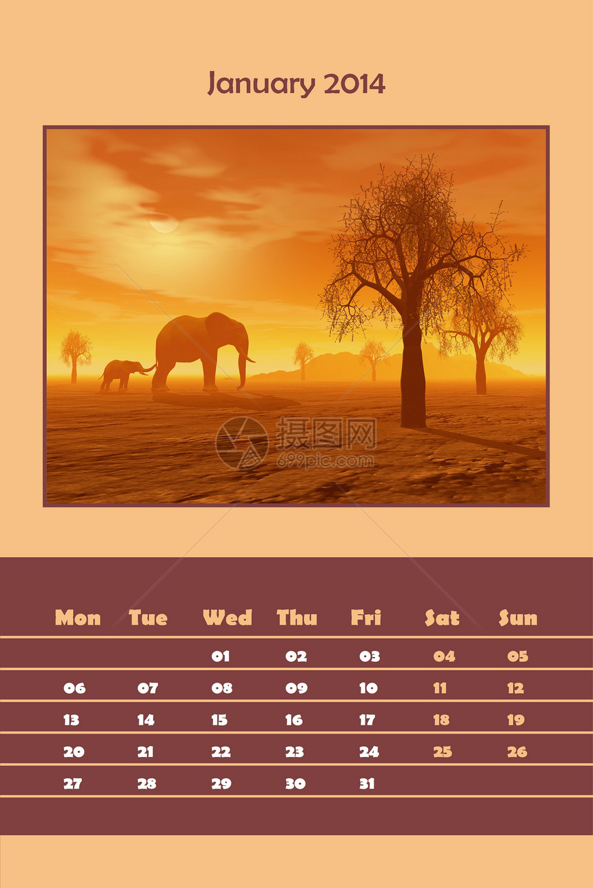 2014 年 1 月的 Safari 日历图片