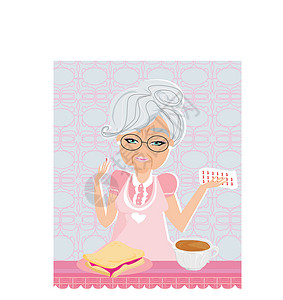 老年妇女用餐服药的年长妇女插画