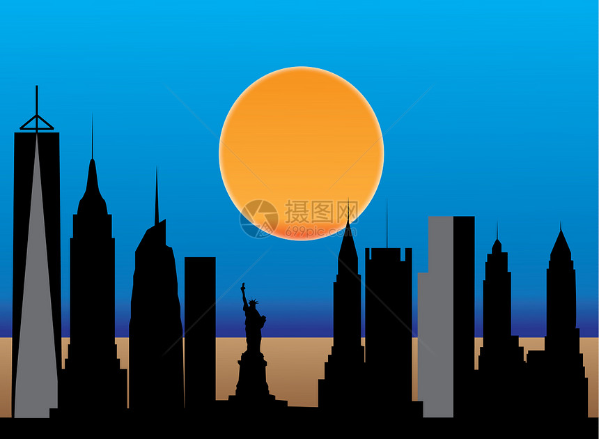 新的纽约天线日落建筑首都景观饮水机蓝色镜子建筑学城市月亮图片