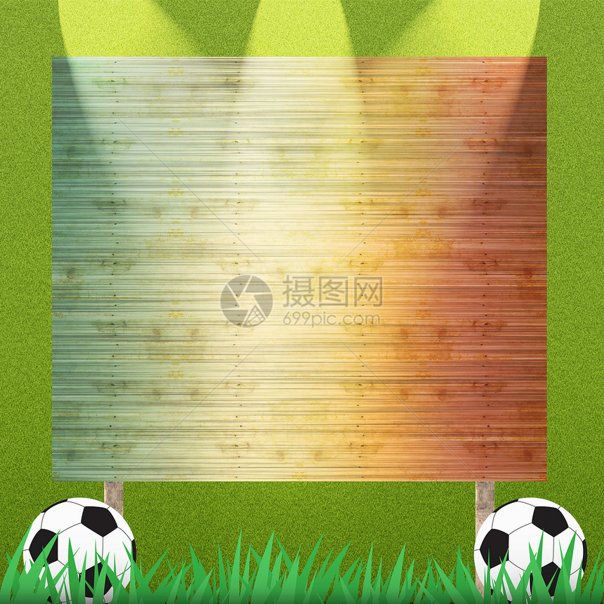 草背景和纹理上的足球和广告牌框架风格空白墙纸棕色木板销售绿色材料路标图片