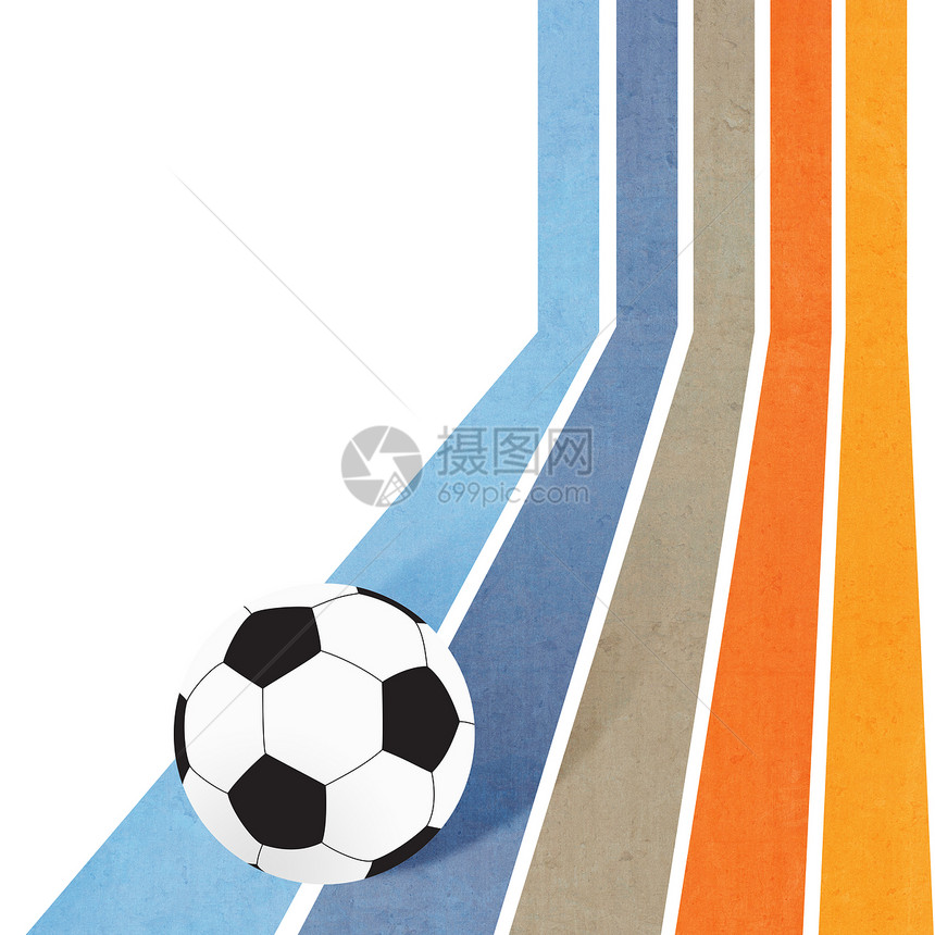 以多彩线背景为背景的足球足球爱好场地圆形皮革玩具白色游戏竞赛木板运动图片