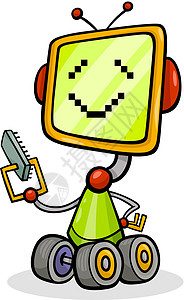 卡通机器人或机器人插图科学轮子微笑芯片金属屏幕绘画玩具快乐漫画背景图片
