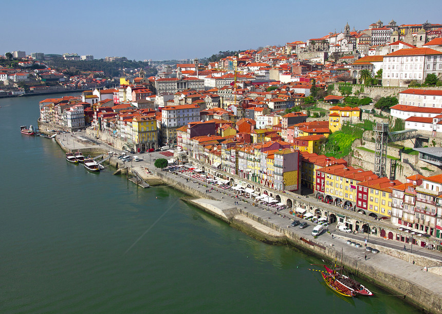 葡萄牙 波尔图市 杜罗河堤岸景象旅行建筑学窗户船舶城市平铺天空历史性旅游全景图片