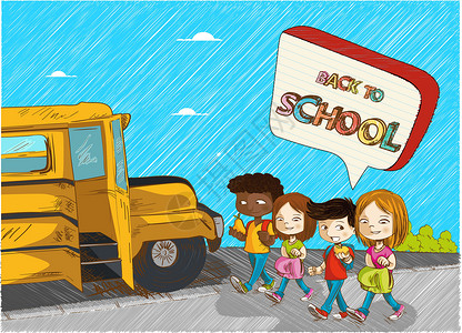 回到学校的孩子们教育卡通插图字母短跑蓝色气泡绘画演讲公共汽车午餐男生班级背景图片