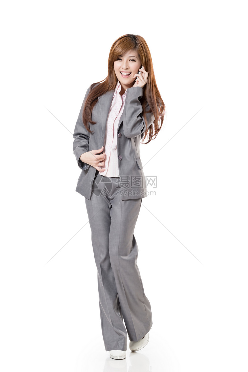 具有吸引力的亚洲商业妇女快乐微笑白色职业手机人士女性技术电话工作室图片