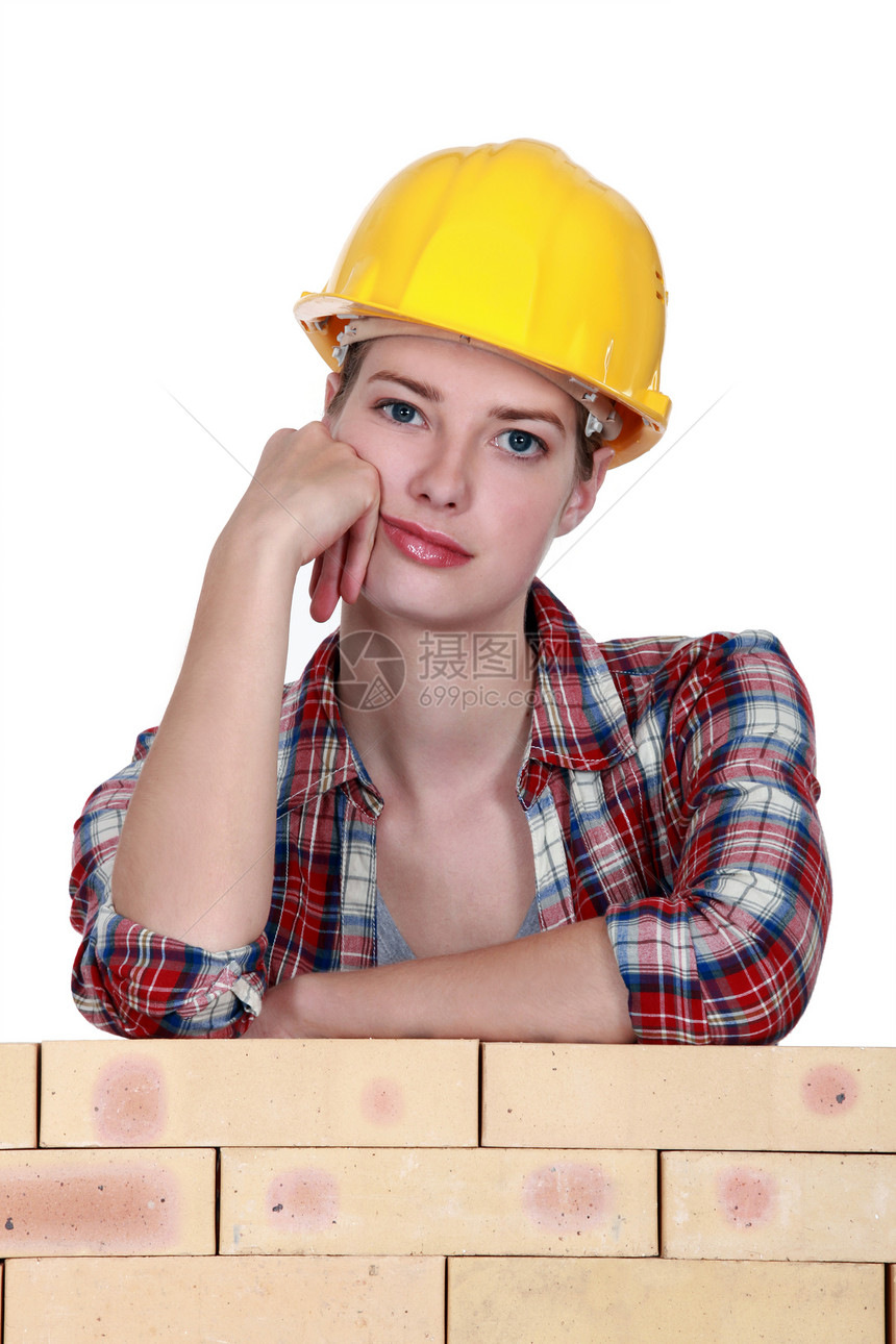 女性泥瓦石黄色白色职业倾斜瓦工工作安全帽建设者工匠女士图片