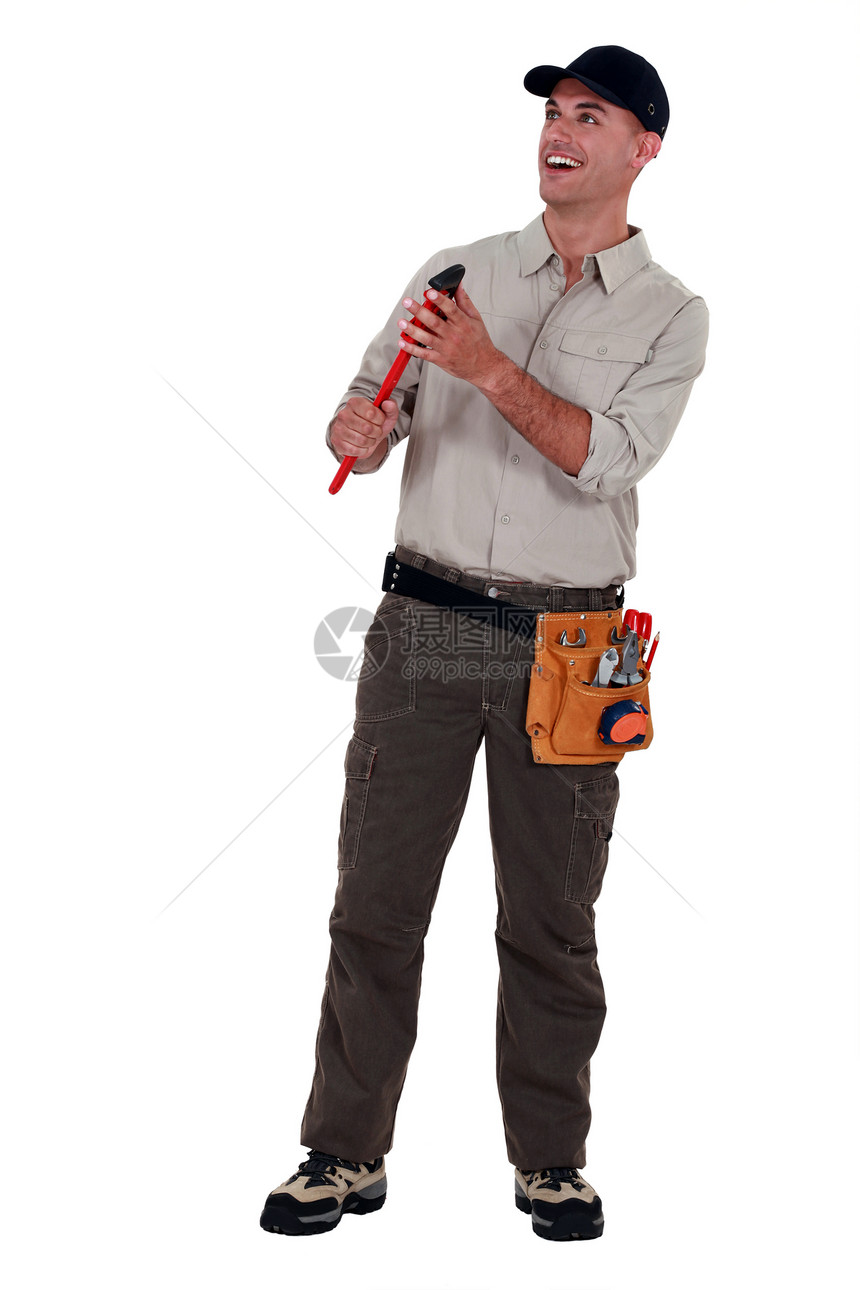 一个拿着扳手的杂工电工蓝色帽子电气职业建设者修理工身体机械男人图片