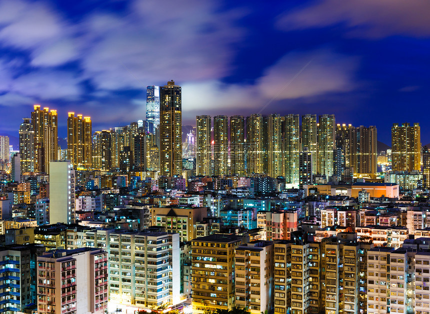香港住宅区晚上夜里在香港中心民众建筑居所市中心鸟瞰图公寓天际住房城市图片
