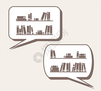 标题背景框有关知识 图书馆 学习的交流-书架上的书籍只是语音泡沫气球中的回溯卡通矢量插图插画
