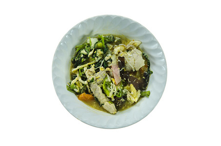 顶视图汤美食白色猪肉绿色蔬菜食物背景图片