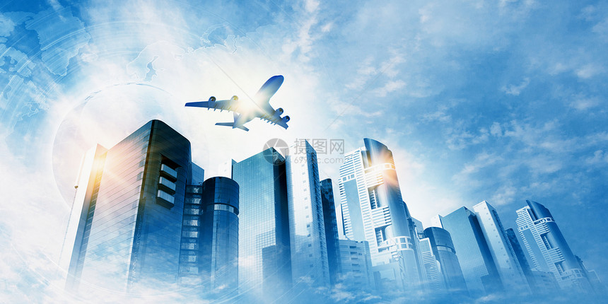 天空中的平地中心旅行摩天大楼建筑学办公室蓝色城市金融客机飞机图片