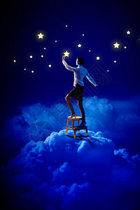 爬梯子摘星星女性照明星紫色天空衬衫蓝色绘画星星微笑门户网站星座梯子背景