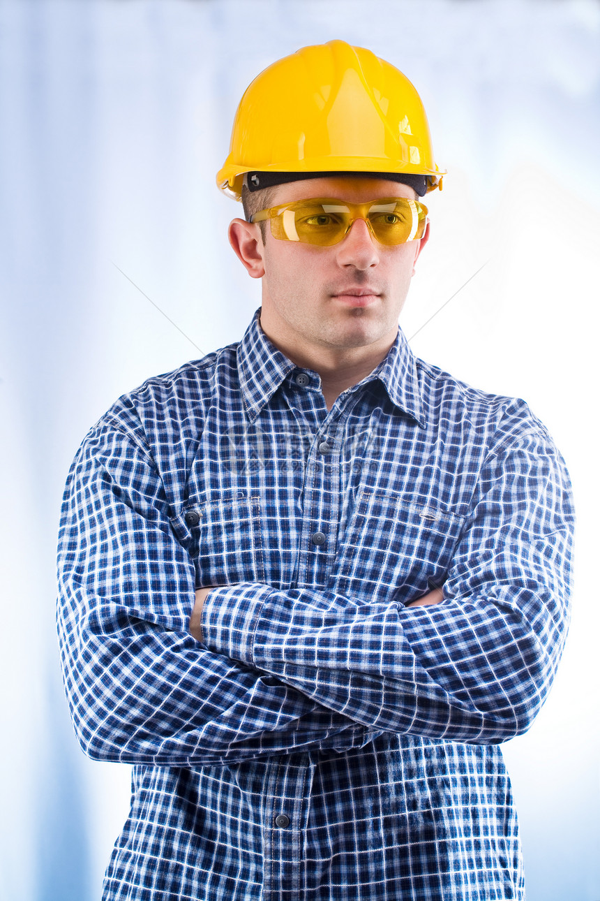 承包商劳动男人牛仔裤工程师工人眼镜领班建筑工作服风镜图片
