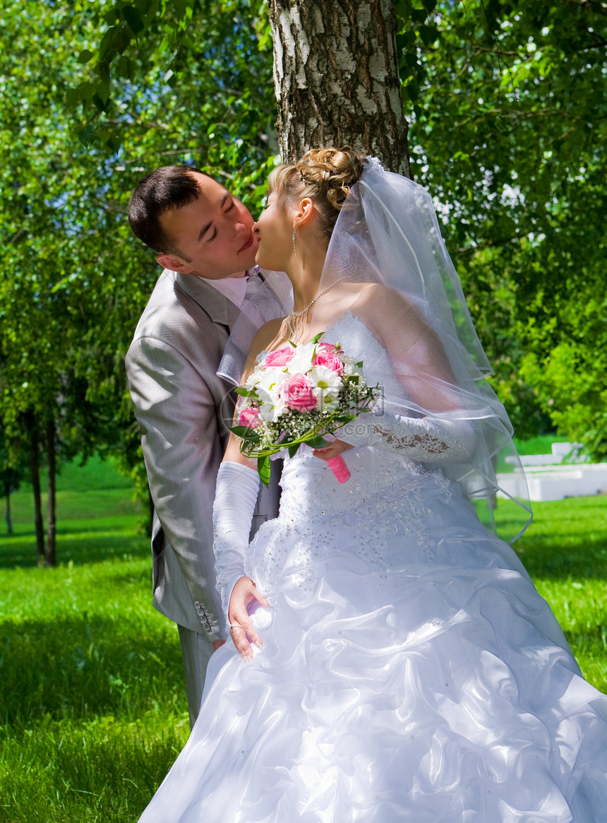 婚礼对夫妻亲吻树干附近图片