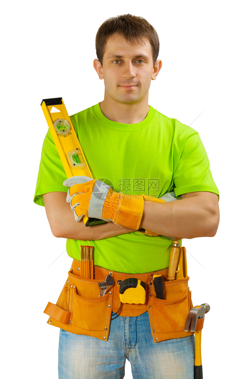 a 带有工具带和施工水平的工人图片