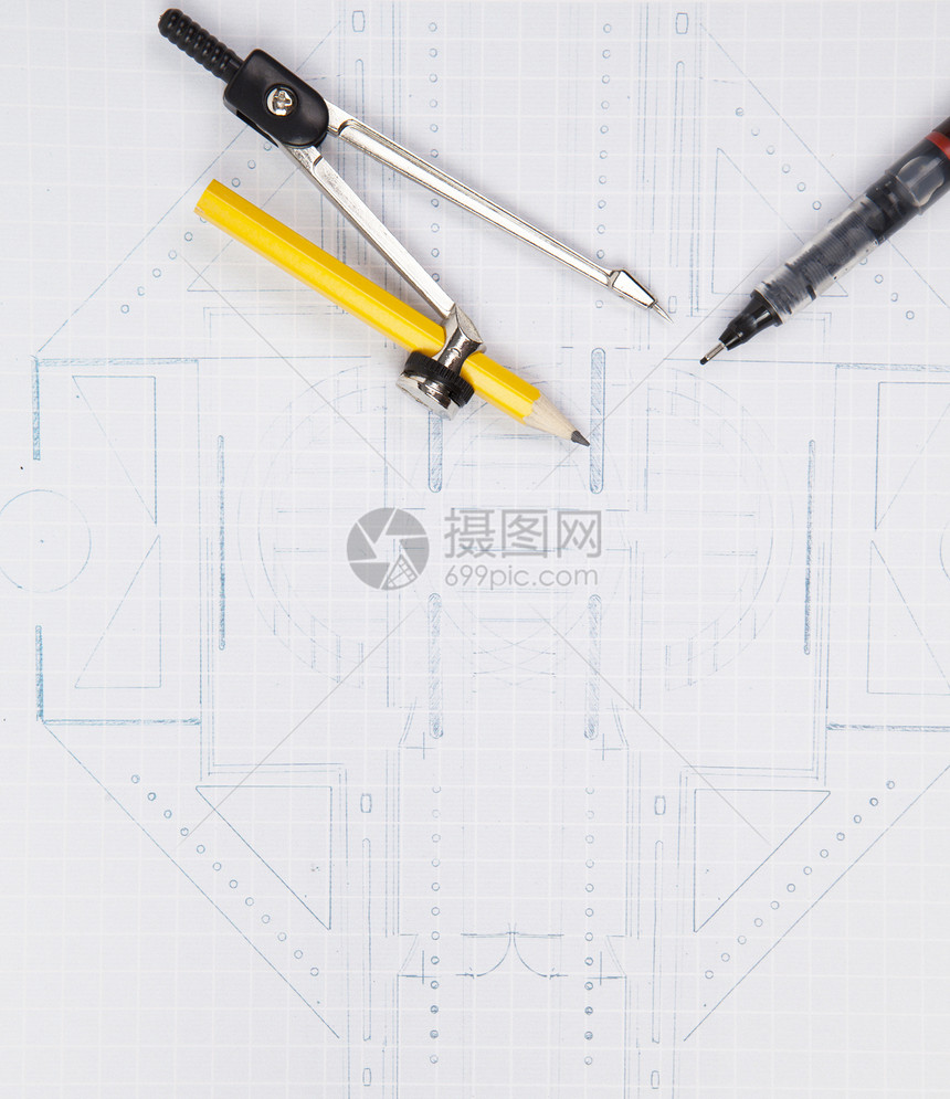 建筑设计图上的指南针和写笔书写计划草图文书素描工具工作乐器工作文件建筑师图片