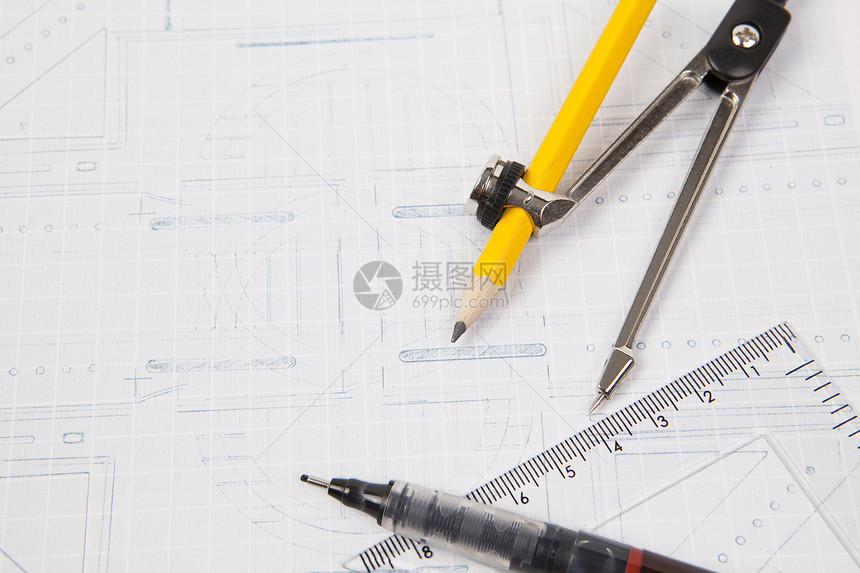 建筑计划圆圈文书铅笔工具工程师办公建造绘画创造力房子图片