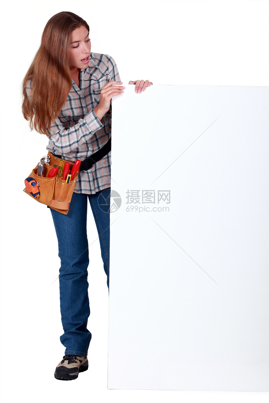 空白板的女工体力劳动者图片