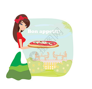 铁板披萨味道微笑着的女服务员提供比萨饼职员维生素主菜厨房餐厅工作服务味道花朵厨师设计图片