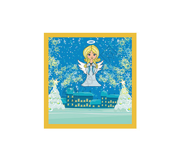 雪中家园与天使一起的圣诞卡摘要蓝色卡通片女孩时候祷告星星家园天堂插图漩涡插画