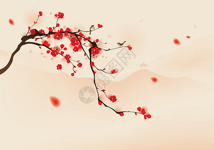 东方风格的绘画 春花花花卉繁体书法幸福图案梅花叶子生长自由画像背景图片