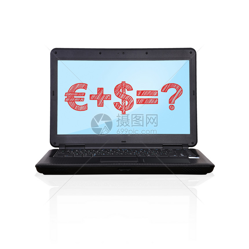 带有公式的笔记本电脑监视器白色网络桌面展示机动性键盘技术问号屏幕图片